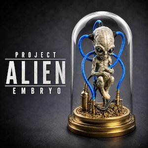 Può includere: Una decorazione con una figura di embrione alieno grigio sotto una cupola di vetro su una base dorata. La figura è collegata a tubi blu e componenti meccanici dorati. Il testo PROJECT ALIEN EMBRYO è stampato in bianco sul lato sinistro.