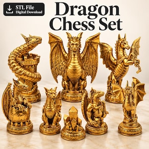 Fantasy Dragon Chess Pieces STL, 3D Print Files, Castle & Crystal Designs (Digital Download)