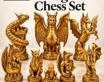 Fantasy Dragon Chess Pieces STL, 3D Print Files, Castle & Crystal Designs (Digital Download)