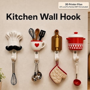 May include: Four kitchen wall hooks featuring designs of a chef hat with a mustache, a coffee cup with utensils, a cutting board with a rolling pin, and a red cooking pot. The text reads Kitchen Wall Hook and 3D Printer Files.