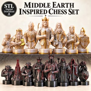 A split-screen promotional banner for a Mythic Fantasy Chess Set STL collection. The top shows a row of finely crafted, white and gold character busts (Light faction: King, elves, dwarf). The bottom shows a row of dark, menacing, and intricate character busts (Dark faction: armored figures, ghouls). The center features a gothic-style title banner that reads: 'MYTHIC FANTASY CHESS SET STL'. The background shows a library and a dark fortress.