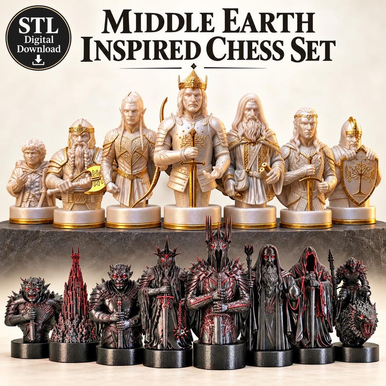 A split-screen promotional banner for a Mythic Fantasy Chess Set STL collection. The top shows a row of finely crafted, white and gold character busts (Light faction: King, elves, dwarf). The bottom shows a row of dark, menacing, and intricate character busts (Dark faction: armored figures, ghouls). The center features a gothic-style title banner that reads: 'MYTHIC FANTASY CHESS SET STL'. The background shows a library and a dark fortress.