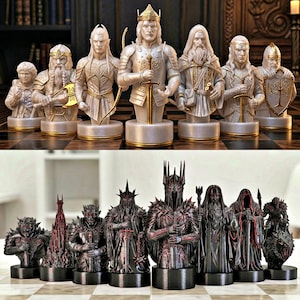 A split-screen promotional banner for a Mythic Fantasy Chess Set STL collection. The top shows a row of finely crafted, white and gold character busts (Light faction: King, elves, dwarf). The bottom shows a row of dark, menacing, and intricate character busts (Dark faction: armored figures, ghouls). The center features a gothic-style title banner that reads: 'MYTHIC FANTASY CHESS SET STL'. The background shows a library and a dark fortress.
