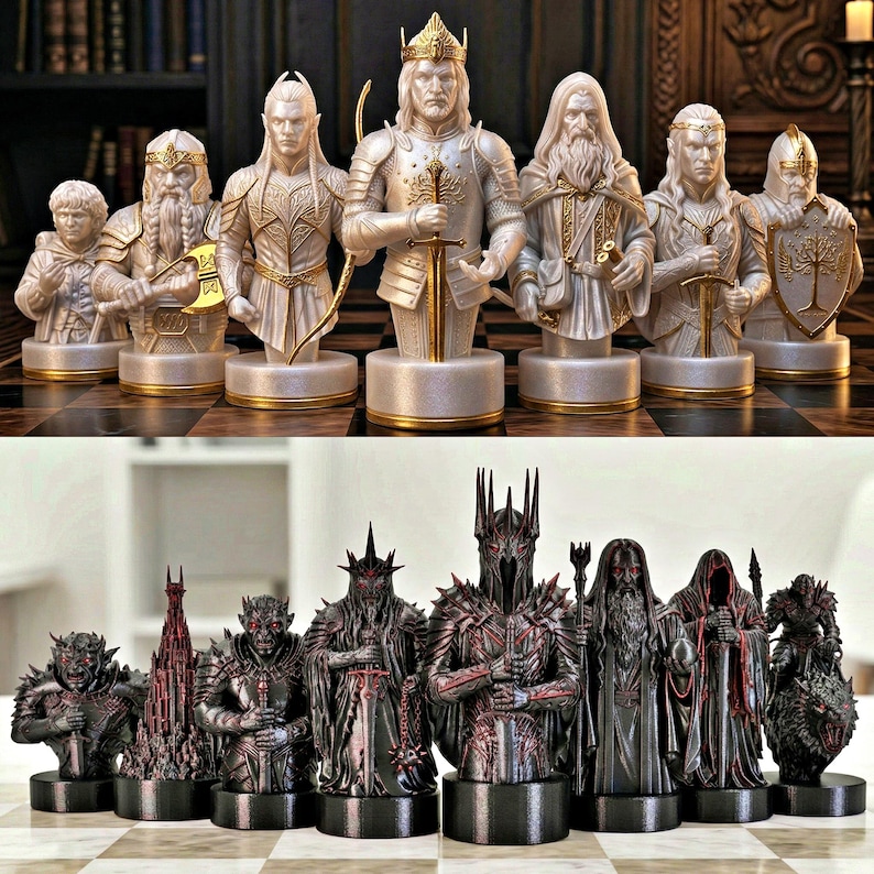A split-screen promotional banner for a Mythic Fantasy Chess Set STL collection. The top shows a row of finely crafted, white and gold character busts (Light faction: King, elves, dwarf). The bottom shows a row of dark, menacing, and intricate character busts (Dark faction: armored figures, ghouls). The center features a gothic-style title banner that reads: 'MYTHIC FANTASY CHESS SET STL'. The background shows a library and a dark fortress.