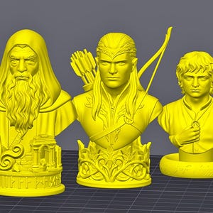 Middle-Earth Inspired Fantasy Bust Chess Set featuring six unique character-inspired chess pieces and three different chess board options. Detailed 3D printable STL files designed for FDM and resin 3D printing, ideal for fantasy collectors and chess enthusiasts.