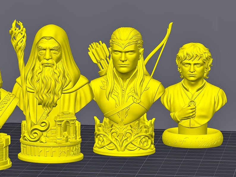 Middle-Earth Inspired Fantasy Bust Chess Set featuring six unique character-inspired chess pieces and three different chess board options. Detailed 3D printable STL files designed for FDM and resin 3D printing, ideal for fantasy collectors and chess enthusiasts.