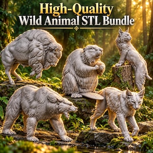 Puede incluir: Una colección de cinco figuras de animales grises con textura de piedra, incluyendo un bisonte, un castor, un oso y dos linces, mostradas con el texto High-Quality Wild Animal STL Bundle. Las figuras tienen texturas de pelaje detalladas.