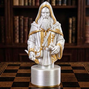 A split-screen promotional banner for a Mythic Fantasy Chess Set STL collection. The top shows a row of finely crafted, white and gold character busts (Light faction: King, elves, dwarf). The bottom shows a row of dark, menacing, and intricate character busts (Dark faction: armored figures, ghouls). The center features a gothic-style title banner that reads: 'MYTHIC FANTASY CHESS SET STL'. The background shows a library and a dark fortress.