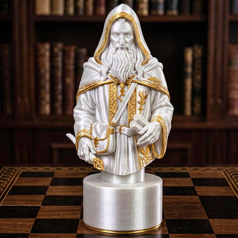 A split-screen promotional banner for a Mythic Fantasy Chess Set STL collection. The top shows a row of finely crafted, white and gold character busts (Light faction: King, elves, dwarf). The bottom shows a row of dark, menacing, and intricate character busts (Dark faction: armored figures, ghouls). The center features a gothic-style title banner that reads: 'MYTHIC FANTASY CHESS SET STL'. The background shows a library and a dark fortress.