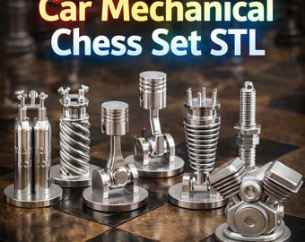 Könnte beinhalten: Ein einzigartiges Car Mechanical Chess Set STL mit Figuren, die als Autoteile gestaltet sind. Das Set enthält Teile wie Kolben, Zündkerzen und Motorzylinder, alle in einer metallisch-silbernen Ausführung. Das Schachspiel wird auf einem Schachbrett präsentiert.