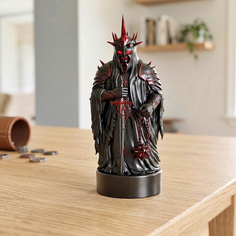A split-screen promotional banner for a Mythic Fantasy Chess Set STL collection. The top shows a row of finely crafted, white and gold character busts (Light faction: King, elves, dwarf). The bottom shows a row of dark, menacing, and intricate character busts (Dark faction: armored figures, ghouls). The center features a gothic-style title banner that reads: 'MYTHIC FANTASY CHESS SET STL'. The background shows a library and a dark fortress.