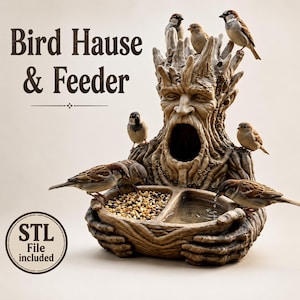 May include: A brown, textured bird house and feeder shaped like a tree spirit with a hollow mouth, holding a two-section bowl filled with seeds and water. Several small brown and white birds are perched on the structure. Text reads Bird Hause & Feeder and STL File included.