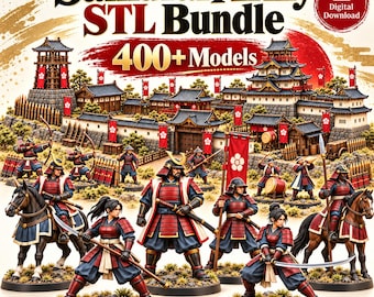 Könnte beinhalten: Ein digitaler Download-Bundle mit über 400 druckbaren 3D-Modellen einer Samurai-Armee. Das Bild zeigt verschiedene Samurai-Krieger in roter und blauer Rüstung, einige zu Pferd, neben einer detaillierten japanischen Burganlage mit roten Bannern.
