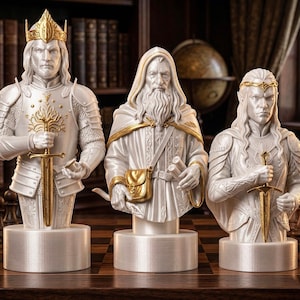 A split-screen promotional banner for a Mythic Fantasy Chess Set STL collection. The top shows a row of finely crafted, white and gold character busts (Light faction: King, elves, dwarf). The bottom shows a row of dark, menacing, and intricate character busts (Dark faction: armored figures, ghouls). The center features a gothic-style title banner that reads: 'MYTHIC FANTASY CHESS SET STL'. The background shows a library and a dark fortress.