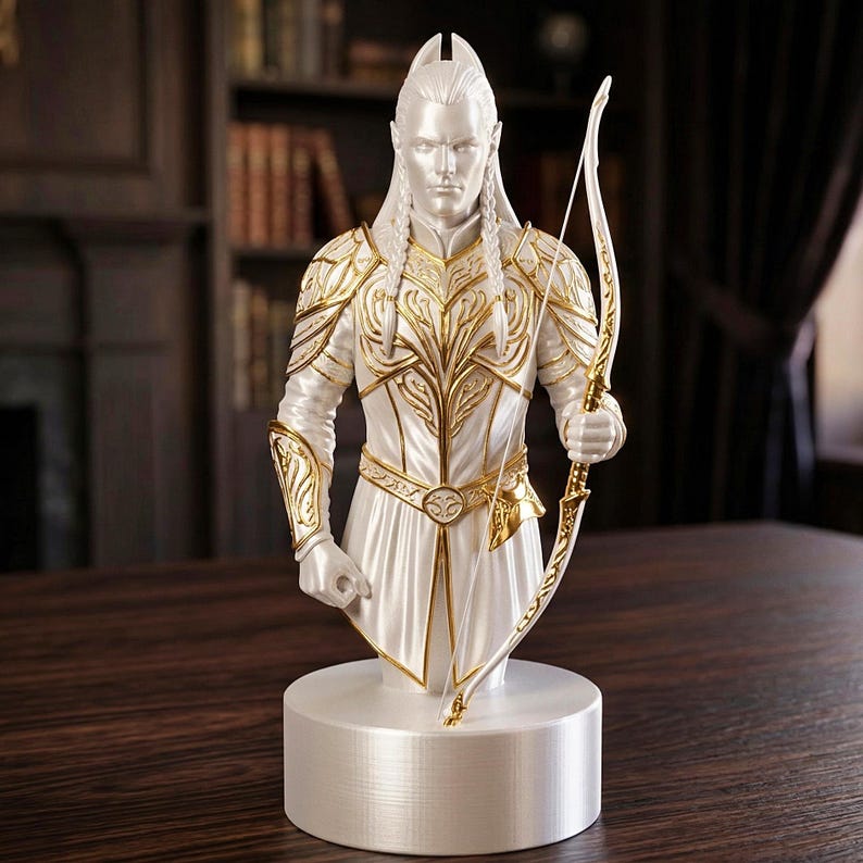 A split-screen promotional banner for a Mythic Fantasy Chess Set STL collection. The top shows a row of finely crafted, white and gold character busts (Light faction: King, elves, dwarf). The bottom shows a row of dark, menacing, and intricate character busts (Dark faction: armored figures, ghouls). The center features a gothic-style title banner that reads: 'MYTHIC FANTASY CHESS SET STL'. The background shows a library and a dark fortress.