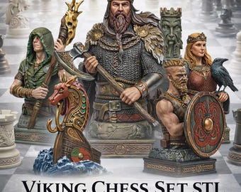 May include: A detailed Viking chess set with intricately designed pieces. The set includes figures of Viking warriors, a longboat, and a raven. The pieces are in various colors, including brown, gold, and green. The text "Viking Chess Set STL" and "High Detail STL Files" is displayed.