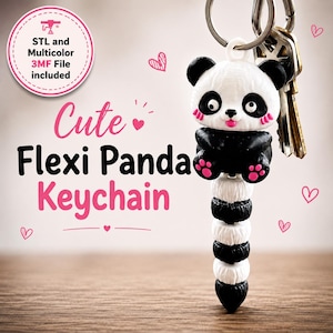 May include: A black and white panda keychain with pink cheek and paw details, featuring a flexible segmented body attached to a metal ring with keys. Text on the image reads: STL and Multicolor 3MF File included, Cute Flexi Panda Keychain.