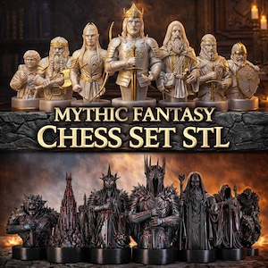 May include: A detailed image of a Mythic Fantasy Chess Set. The chess pieces are intricately designed busts, with the white pieces in gold and cream tones and the black pieces in dark grey and red. The text "Mythic Fantasy Chess Set STL" is displayed in gold.