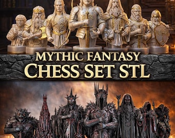 May include: A detailed image of a Mythic Fantasy Chess Set. The chess pieces are intricately designed busts, with the white pieces in gold and cream tones and the black pieces in dark gray and red. The text "Mythic Fantasy Chess Set STL" is displayed in gold.
