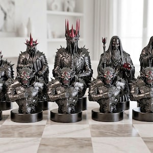 A split-screen promotional banner for a Mythic Fantasy Chess Set STL collection. The top shows a row of finely crafted, white and gold character busts (Light faction: King, elves, dwarf). The bottom shows a row of dark, menacing, and intricate character busts (Dark faction: armored figures, ghouls). The center features a gothic-style title banner that reads: 'MYTHIC FANTASY CHESS SET STL'. The background shows a library and a dark fortress.