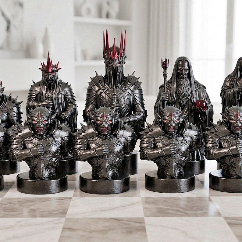 A split-screen promotional banner for a Mythic Fantasy Chess Set STL collection. The top shows a row of finely crafted, white and gold character busts (Light faction: King, elves, dwarf). The bottom shows a row of dark, menacing, and intricate character busts (Dark faction: armored figures, ghouls). The center features a gothic-style title banner that reads: 'MYTHIC FANTASY CHESS SET STL'. The background shows a library and a dark fortress.