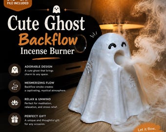 Könnte beinhalten: Ein weißer, geisterförmiger Rückfluss-Räuchergefäß mit schwarzen Augen und einem Mund, aus dem Rauch austritt. Der Text lautet: Cute Ghost Backflow Incense Burner, STL + 3MF FILE INCLUDED, ADORABLE DESIGN, MESMERIZING FLOW, RELAX & UNWIND, PERFECT GIFT, Fill your space with magic, Let it flow, feel the calm.