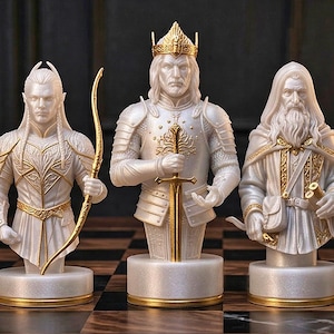 A split-screen promotional banner for a Mythic Fantasy Chess Set STL collection. The top shows a row of finely crafted, white and gold character busts (Light faction: King, elves, dwarf). The bottom shows a row of dark, menacing, and intricate character busts (Dark faction: armored figures, ghouls). The center features a gothic-style title banner that reads: 'MYTHIC FANTASY CHESS SET STL'. The background shows a library and a dark fortress.