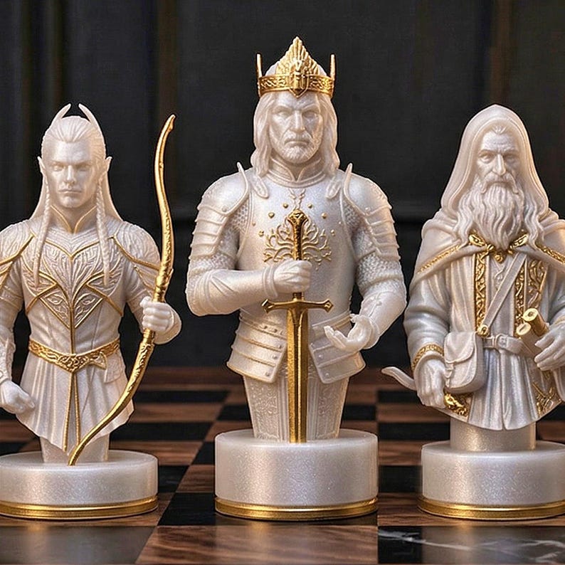 A split-screen promotional banner for a Mythic Fantasy Chess Set STL collection. The top shows a row of finely crafted, white and gold character busts (Light faction: King, elves, dwarf). The bottom shows a row of dark, menacing, and intricate character busts (Dark faction: armored figures, ghouls). The center features a gothic-style title banner that reads: 'MYTHIC FANTASY CHESS SET STL'. The background shows a library and a dark fortress.