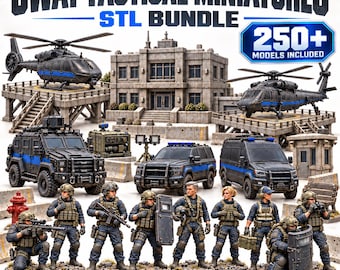 Könnte beinhalten: Eine digitale Sammlung von SWAT-Taktik-Miniaturen, darunter Hubschrauber, gepanzerte Fahrzeuge und detaillierte Figuren. Der Text lautet SWAT TACTICAL MINIATURES STL BUNDLE, 250+ MODELS INCLUDED und STL FILES DIGITAL DOWNLOAD für 3D-Druck.