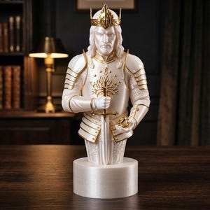 A split-screen promotional banner for a Mythic Fantasy Chess Set STL collection. The top shows a row of finely crafted, white and gold character busts (Light faction: King, elves, dwarf). The bottom shows a row of dark, menacing, and intricate character busts (Dark faction: armored figures, ghouls). The center features a gothic-style title banner that reads: 'MYTHIC FANTASY CHESS SET STL'. The background shows a library and a dark fortress.