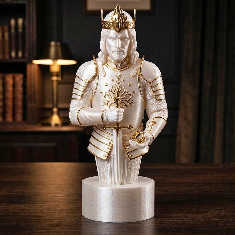 A split-screen promotional banner for a Mythic Fantasy Chess Set STL collection. The top shows a row of finely crafted, white and gold character busts (Light faction: King, elves, dwarf). The bottom shows a row of dark, menacing, and intricate character busts (Dark faction: armored figures, ghouls). The center features a gothic-style title banner that reads: 'MYTHIC FANTASY CHESS SET STL'. The background shows a library and a dark fortress.