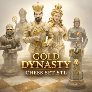 May include: A chess set with gold and white pieces, including a king, queen, knight, and rook. The pieces are intricately detailed and stand on a checkered board. The text "GOLD DYNASTY CHESS SET STL" is displayed.