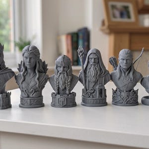 Middle-Earth Inspired Fantasy Bust Chess Set featuring six unique character-inspired chess pieces and three different chess board options. Detailed 3D printable STL files designed for FDM and resin 3D printing, ideal for fantasy collectors and chess enthusiasts.