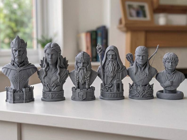 Middle-Earth Inspired Fantasy Bust Chess Set featuring six unique character-inspired chess pieces and three different chess board options. Detailed 3D printable STL files designed for FDM and resin 3D printing, ideal for fantasy collectors and chess enthusiasts.