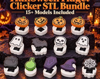 Könnte beinhalten: Eine Sammlung von über 15 Halloween-Fidget-Clicker-Modellen mit verschiedenen Designs, darunter orangefarbene Kürbisse, weiße Geister, eine schwarze Fledermaus, ein weißer Totenkopf, ein grauer Kessel, eine grüne Flasche, ein violetter Sarg und ein Spinnennetz.