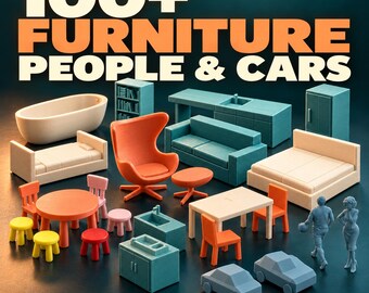 Könnte beinhalten: Eine Sammlung von 3D-gedruckten Miniaturmöbeln, Figuren und Autos in verschiedenen Farben wie Orange, Blaugrün und Creme. Der Text 100+ FURNITURE PEOPLE & CARS und STL BUNDLE DIGITAL DOWNLOAD ist in weißer und oranger Schrift zu sehen.