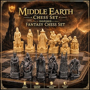 May include: A Middle Earth-themed chess set with detailed figures in cream and black. The chess pieces are inspired by fantasy characters. The set includes the text "Middle Earth Chess Set" and other descriptive text.