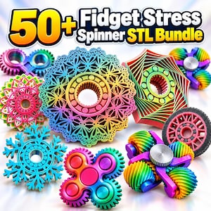 May include: A collection of 50+ Fidget Stress Spinner STL Bundle designs featuring various geometric, gear, and snowflake shapes. The spinners are rendered in vibrant rainbow gradients with metallic silver centre bearings and intricate 3D printed patterns.