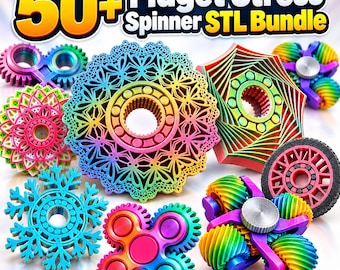 Könnte beinhalten: Eine Sammlung von 50+ Fidget Stress Spinner STL Bundle Designs mit verschiedenen geometrischen Formen, Zahnrädern und Schneeflocken. Die Spinner sind in lebendigen Regenbogenfarben mit silbernen Lagern in der Mitte und komplexen 3D-Druckmustern gestaltet.
