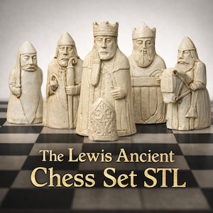 May include: A set of off-white chess pieces, including kings, queens, and knights, arranged on a black and white checkered board. The pieces are stylized with ancient, regal designs. The text "The Lewis Ancient Chess Set STL" is displayed in gold.