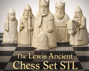 May include: A collection of off-white chess pieces, including kings, queens, and knights, displayed on a black and white chequered board. The pieces feature ancient, regal designs. The text "The Lewis Ancient Chess Set STL" is shown in gold.