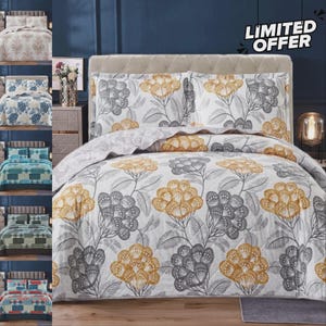 May include: A bedspread set with a floral pattern on a white background, featuring large yellow and grey flower designs. The set includes a duvet cover and pillowcases. The words "LIMITED OFFER" are in the top right corner.
