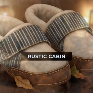 Puede incluir: Un par de zapatillas con forro de vellón color crema, una tira de tela a rayas azules y blancas con cierre de velcro y una base de aspecto de cuero marrón. El texto RUSTIC CABIN está impreso en blanco sobre un recuadro negro.