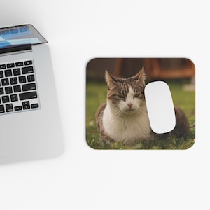 May include: A computer mouse and a mousepad featuring a cat. The cat is brown, white, and gray, and is lying on the grass. The mousepad is rectangular with rounded corners.