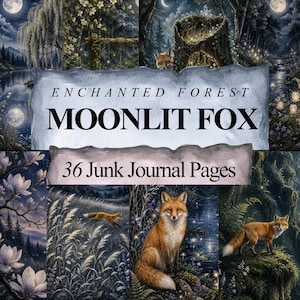 May include: A collection of 36 junk journal pages featuring the Enchanted Forest Moonlit Fox theme. The imagery displays various scenes of red foxes in dark, moonlit forest landscapes with glowing lights, trees, and flowers in shades of blue and green.
