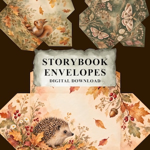 Puede incluir: Tres sobres de papel desplegados con ilustraciones en acuarela de una ardilla con bellotas, polillas entre plantas secas y un erizo con hojas de otoño y bayas. El texto central dice STORYBOOK ENVELOPES DIGITAL DOWNLOAD.