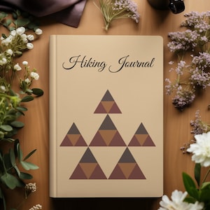 Puede incluir: Un diario de senderismo beige con las palabras "Hiking Journal" en escritura negra. La portada presenta un diseño geométrico de triángulos marrones y beige. El diario está rodeado de flores y una taza de café sobre una superficie de madera.