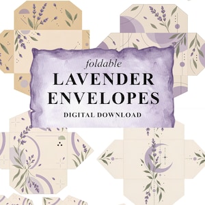 May include: A collection of flat, unfolded envelope templates featuring lavender sprigs, crescent moons, and geometric shapes in shades of purple and beige. The center displays a purple watercolor rectangle with the text foldable LAVENDER ENVELOPES DIGITAL DOWNLOAD.