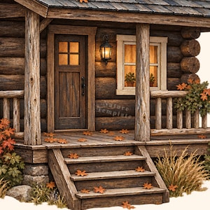 Puede incluir: Un modelo de cabaña de troncos en miniatura con exterior de madera oscura, un porche con barandillas de madera y una escalera. La cabaña incluye una puerta con ventana, un farol de pared iluminado y una ventana con dos pequeñas plantas en macetas. Hojas de otoño naranjas están esparcidas por el porche y los escalones, con el texto Nature Template visible en la pared.