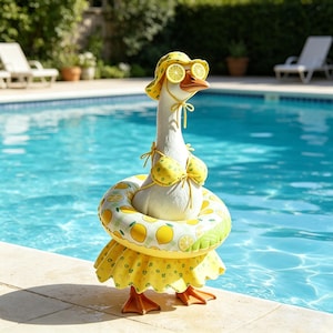 May include: A whimsical goose figurine by a pool, wearing a yellow bikini, sun hat with lemon slice sunglasses, and a lemon-themed inflatable ring. The goose is also wearing a yellow skirt with heart-shaped cutouts. The scene is set by a pool.